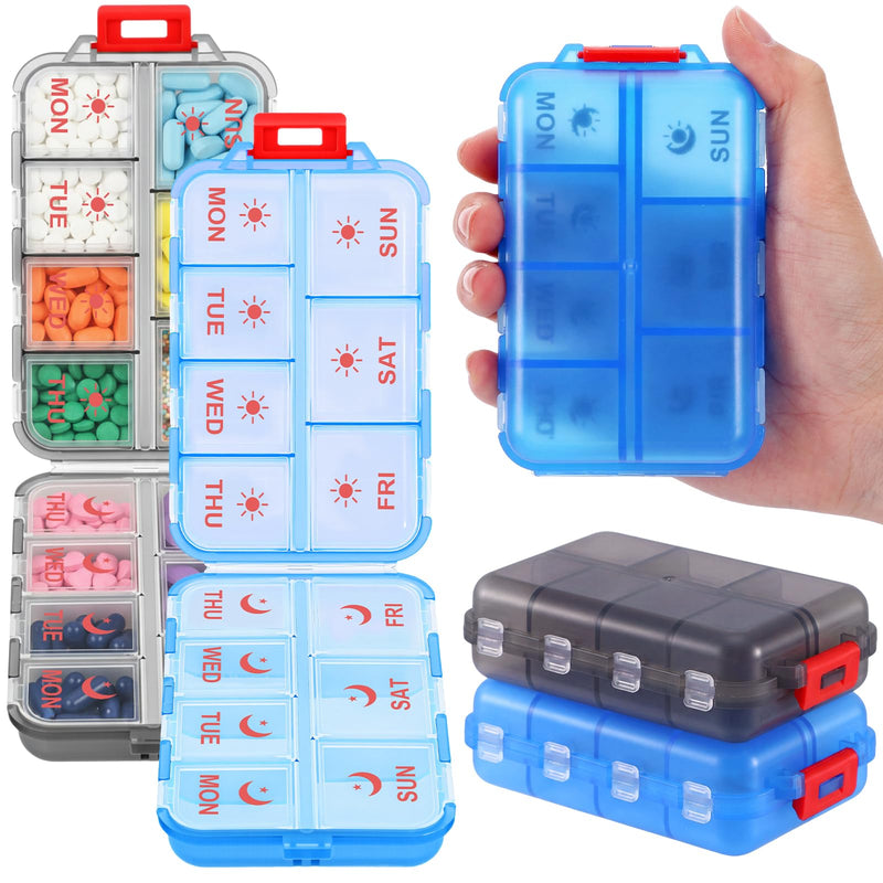 2 Pack Weekly Pill Organizer 2 Times a Day with Label, 14 Compartments Foldable Am Pm 7 Day Week Medicine Box Pocket Portable Daily Travel Pill Case Dispenser for Vitamin Fish Oil Supplement Gray, Blue