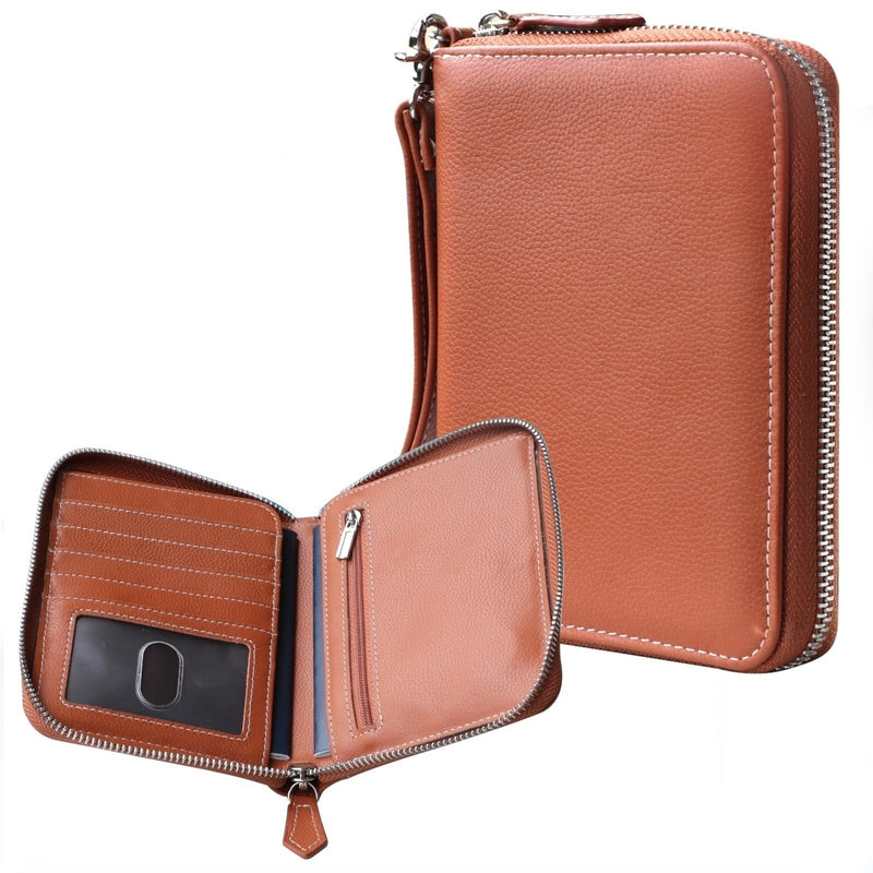 Genuine Leather RFID Passport Zip Wallet with Hidden Tracker Slot, Brown | Dual Passport Travel Wallet-Document Organizer with Wrist Strap