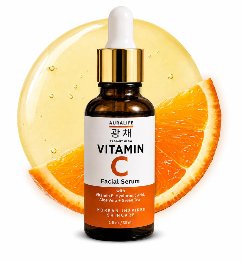 AuraLife Vitamin C Face Serum with Hyaluronic Acid, Vitamin E & Aloe Vera – Brightening & Hydrating Facial Serum for Dark Spots, Fine Lines, Wrinkles & Uneven Skin Tone – 1 Fl Oz (Facial Serum)