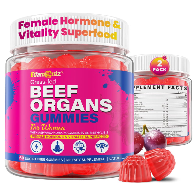 Beef Organ Supplement for Women- Grass Fed Beef Liver Gummies, Sugar Free | Grass-Fed Liver, Heart,Kidney, Spleen, Uterus,Ovary, Fallopian Tube, Magnesium for Energy, Cortisol & Hormone Balance, 2Pack