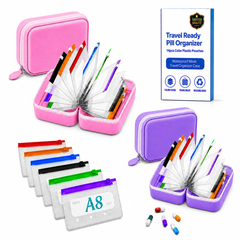 Travel Pill Organizer A8 Waterproof Pill Pouches with Binder 14 PCS L Size Clear Zipper Medicine Storage Bags with Labels Reusable Pill Holder Case for Vitamins Daily Use and Trips Pink*purple