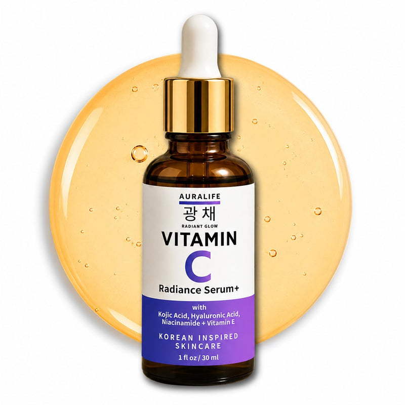 AuraLife Vitamin C Radiance Serum Plus for Face–Advanced Brightening Formula with Niacinamide, Kojic Acid, Hyaluronic Acid & Vitamin E, Improve the Look of Dark Spots, Uneven Tone & Hydration–1 fl oz