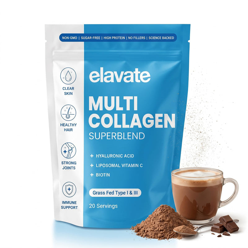 Elevate Multi Collagen Superblend Powder – Chocolate Flavor – 220g Sugar Free Protein Powder with Hyaluronic Acid & Vitamin C. Supports Healthy Skin, Hair, Nails & Joints