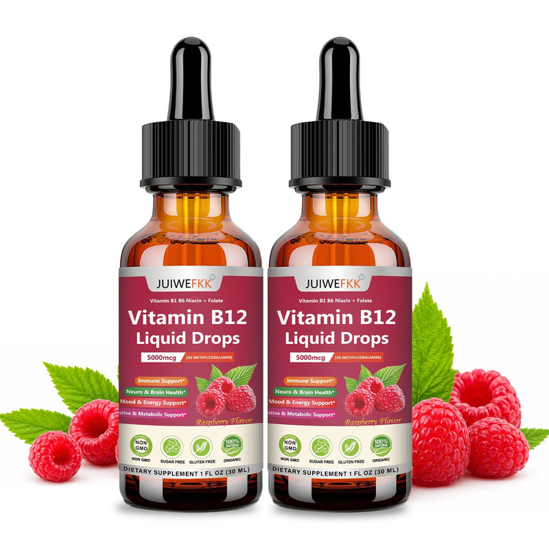 2 Pack Liquid Vitamin B12 Drops 5000 mcg - Extra Strength B12 Methylcobalamin with B1 B6 B3 Folate Niacin - Fast Absorption Sublingual B-12 Drops for Energy Metabolism & Brain Function Raspberry 1 Fl Oz (Pack of 2)