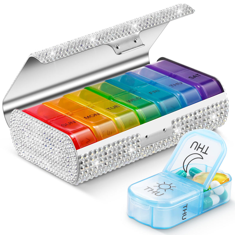 Zannaki Bling Metal XL Weekly Pill Organizer 2 Times a Day, Large Travel Daily Pill Box 7 Day, Portable Week Twice Pill Holder Container, AM PM Pill Case for Medicine Vitamin Medication Supplement Bling Silver