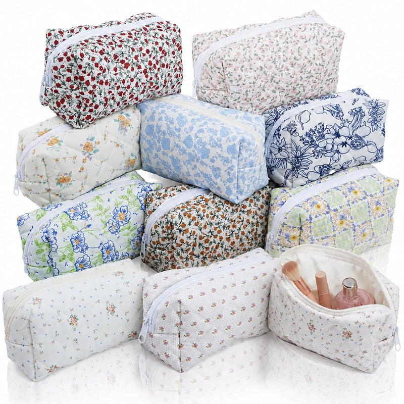 10 Pcs Cotton Makeup Bag, Quilted Floral Makeup Bags, 7.8x4.7x3.1 in | Cotton Floral Cosmetic Pouch, Quilted Travel Makeup Bags with Zipper for Women Bridesmaid Gifts Daily Use