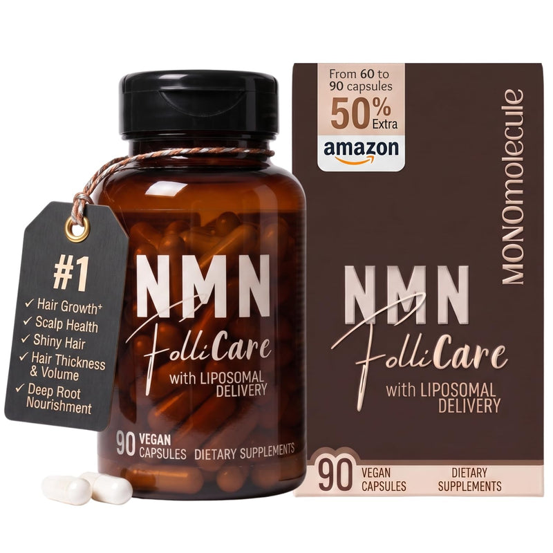 NMN FolliCare Supplement - Biotin-Free Hair Growth Supplement for Women - Natural DHT Blocker with Liposomal NMN, Saw Palmetto, Pumpkin Seed, MSM & Bamboo Extract - (60+30) 90 Vegan Caps Bottle