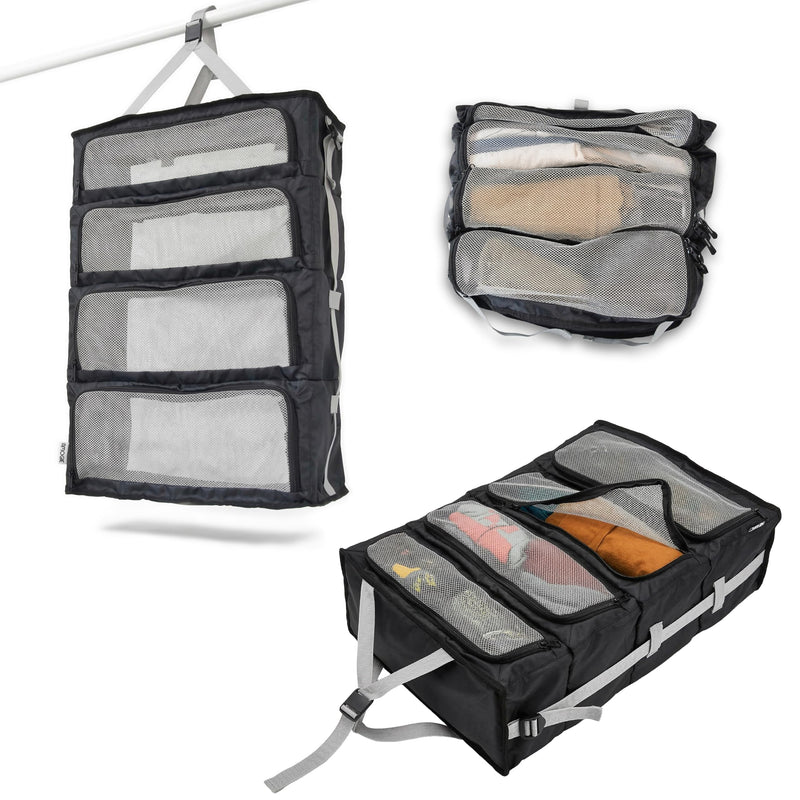 Hanging Suitcase Organizer – Instant Travel Closet with Built-In Compression | 4-Compartment Wardrobe Packing Cubes for Carry-On & Checked Luggage | Travel Essentials for Men & Women