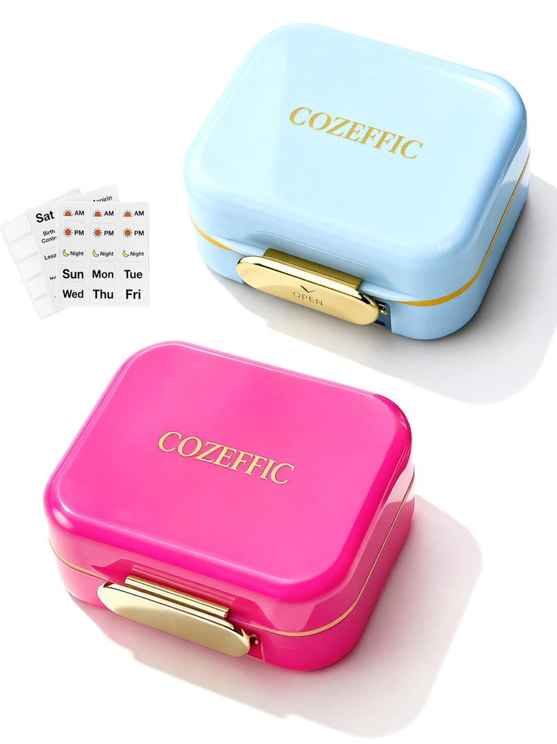 Pill Organizer 2 Times a Day AM PM, 2 Pack 7 Day Travel Pill Case for Purse, Moisture Proof BPA-Free Medicine Box for Vitamins, Fish Oil & Supplements, Hot Pink & Sky Blue