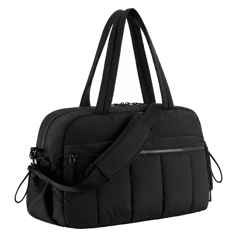 Perphy Women Quilted Travel Duffel Bags with Detachable Shoulder Strap | Multiple organizer pockets. Drawstring side accents. Classic black finish 15.7 * 8.3 * 11.0 inches Black