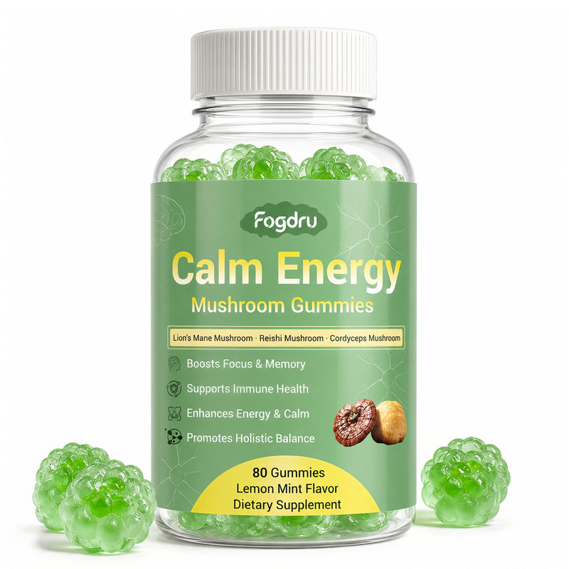Calm Energy Mushroom Gummies with 10 Mushroom Blend, Magnesium L-Threonate, Vitamin C & D3 | for Focus, Memory, Immune Support & Balanced Calm Energy, Lemon Mint Flavor, 80 Gummies