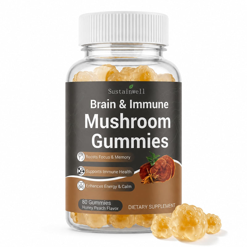 Brain & Immune Mushroom Gummies with Organic 10-Mushroom Blend, Elderberry, Vitamin C & D3 | for Focus, Memory, Immune Support & Balanced Energy, Honey Peach Flavor, 80 Gummies