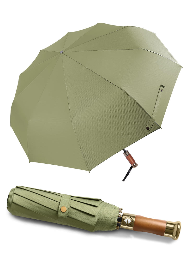 Rain Cats Large 45/50 Inch Umbrellas for rain Strong10 Ribs Fiberglass Umbrella Windproof Wabig Compact Automatic portable Folding Travel Thick Fabric Wood handle A-Olive 41 inches in diameter