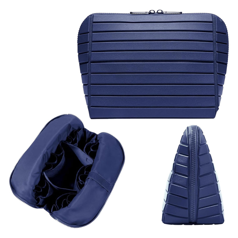 Foldable Travel Makeup Bag,27 Pockets 3 Brush Slots,Large Capacity Cosmetic Bags Toiletry Case Navy Blue