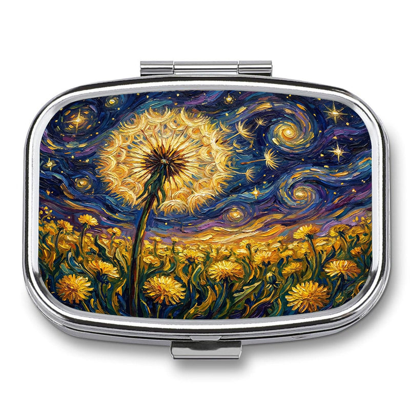 Metal 2 Compartment Pill Organizer, Portable Travel Pill Box for Vitamins, Supplements and Medication, Compact Pocket Pill Case for Purse, Wallet, Backpack and Daily Use (Oil Painting of Dandelions) Oil Painting of Dandelions