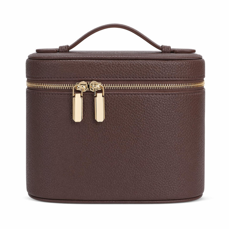 Cosmetic Case, Leather Makeup Bag, Portable Handheld Makeup Case, Detachable Compartments Coffee M(8*5.5*6in)