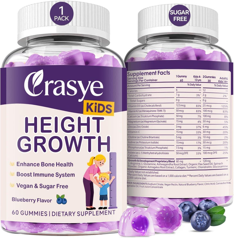 Tru Height Growth Gummies for Kids & Teens, True Height Growth Gummies - Calcium, Vitamin D3 + K2, Zinc, Teen Bone Strength and Immunity, 60 Counts