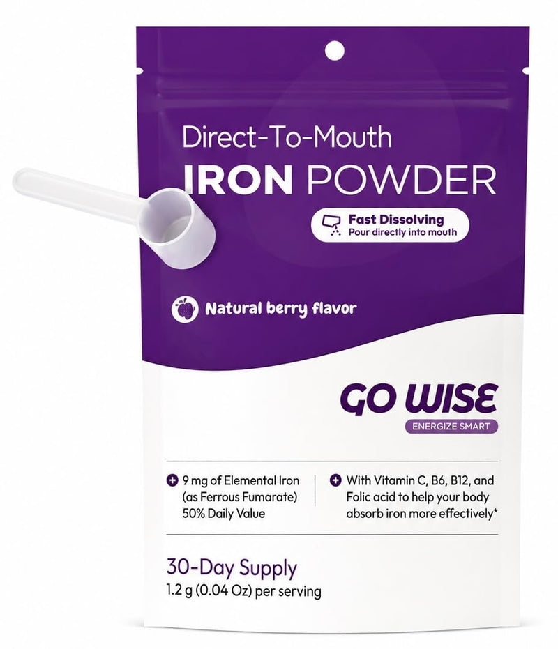 Go Wise Gentle Iron Powder with Scoop, 30 Day Supply | Vitamin C, B6, B12 & Folic Acid, Supports Low Ferritin, For liquid, Vegan, For Women, Men & Bariatric 1.2 Ounce (Pack of 1)