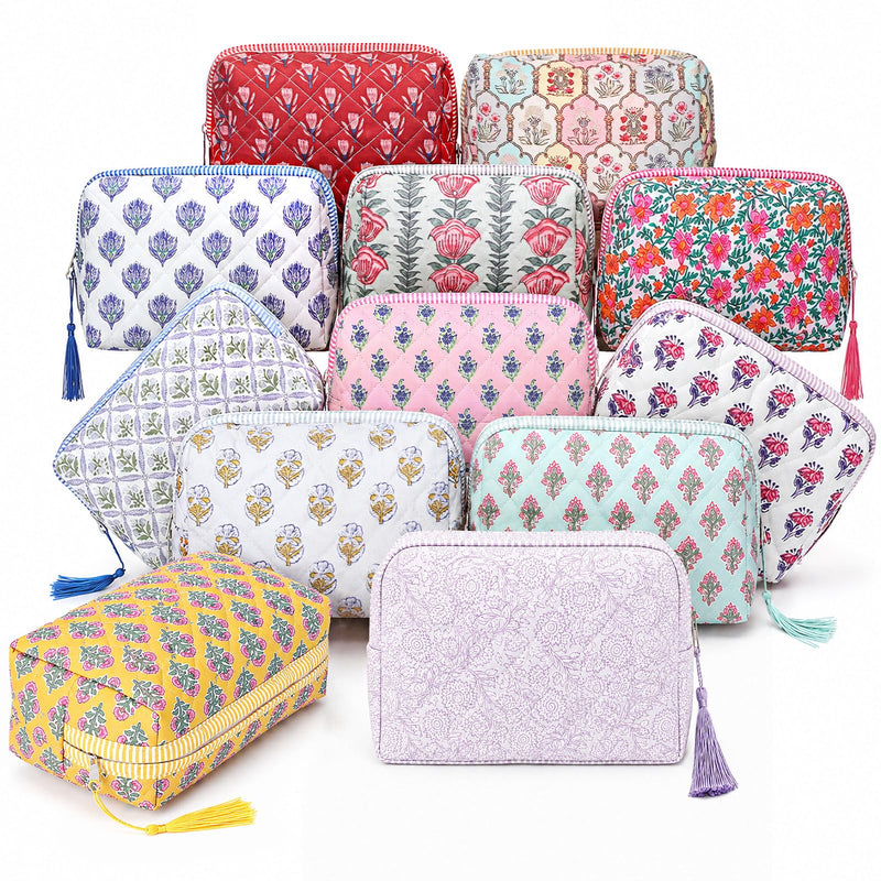 Kacctyen 12 Pcs Block Print Makeup Bags Cotton Quilted Blue Toiletry Makeup Bag with Tassel Flower Pouch Emergency Travel Toiletry Bridesmaid Engagement Bridal Shower Gift for Women (Pink Ditsy) 6 Pink Ditsy