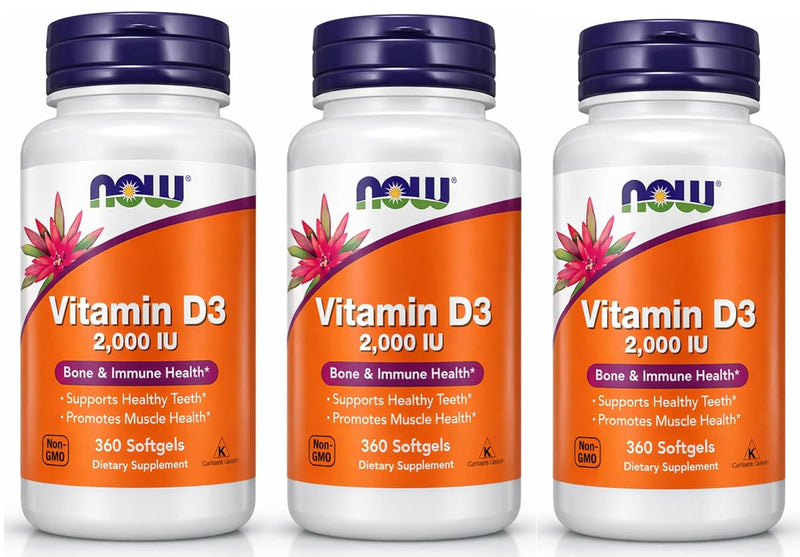 NOW Foods Vitamin D-3 2000 IU High Potency Structural Support 360 Softgels (Pack of 3) 360 Count (Pack of 3)