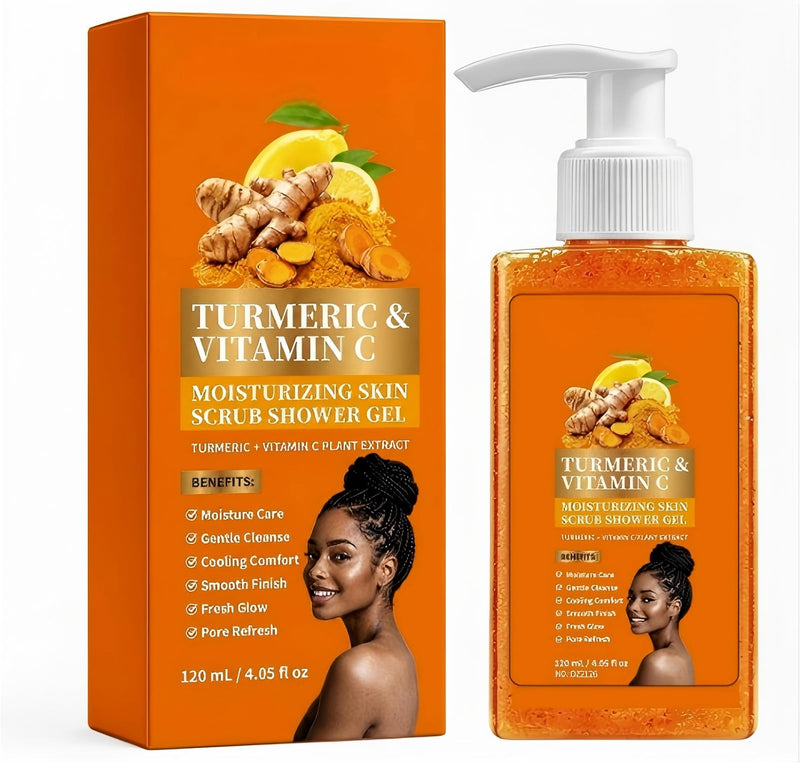 2pc Turmeric Vitamin C Orange Exfoliating Shower Gel with Cocoa Seed Scrub Particles, Mattifying Skin Brightening Body Wash to Fix Uneven Skin Texture, Gentle Daily Body Only Cleanser 2PC