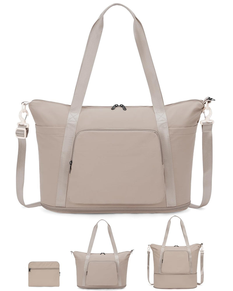 WANDF Foldable Expandable Personal Item Travel Bag for Women Carry On | 18x14x8 inches, Frontier Airline Underseat Fit, Weekend Getaways Khaki