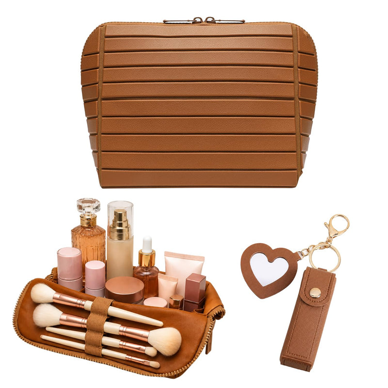 27-Pocket Travel Makeup Bag, Foldable Cosmetic Organizer, Brown | 27 pockets, 3 brush slots, adjustable dividers, waterproof PVC, foldable standing, parallel design, for travel home gym