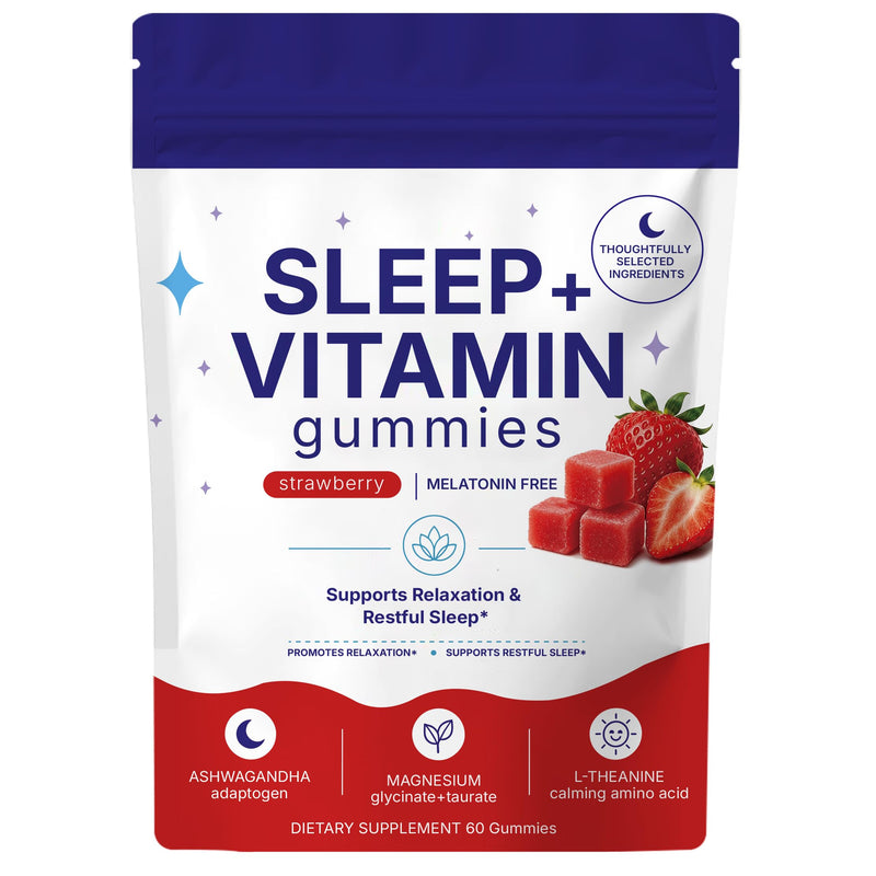 Sleep Gummies, with Cortisol Balance Support, Melatonin-Free Sleep + Vitamin Gummies with Ashwagandha, Magnesium Glycinate, L-Theanine, Strawberry Flavor, Relaxation & Restful Sleep, 60 Gummies