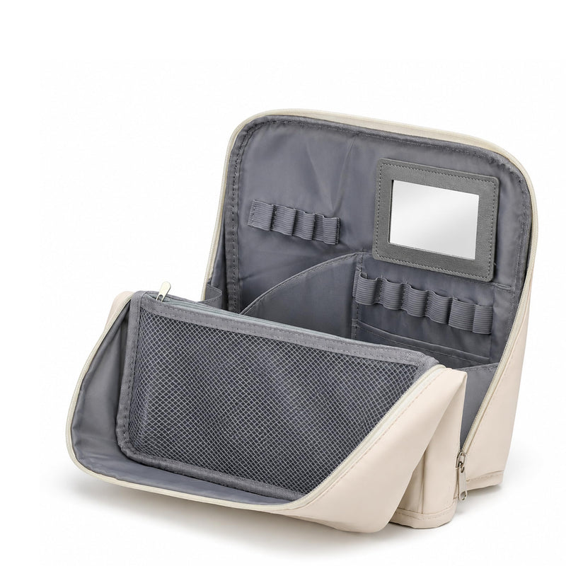 Travel Makeup Bag with Mirror and Phone Holder, Large Capacity Standing Cosmetic Bag for Women, Wide-Open Waterproof PU Leather Toiletry Bag with Divider and Luggage Strap for Skincare and Travel White