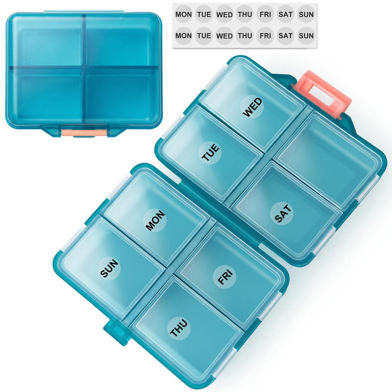 Foldable Weekly Pill Organizer Travel Small Pill Box with Labels (Blue) | 8 Compartments with 7-day Stickers, Compact Size Fits Purse Pocket, for Vitamins and Medication Daily Blue