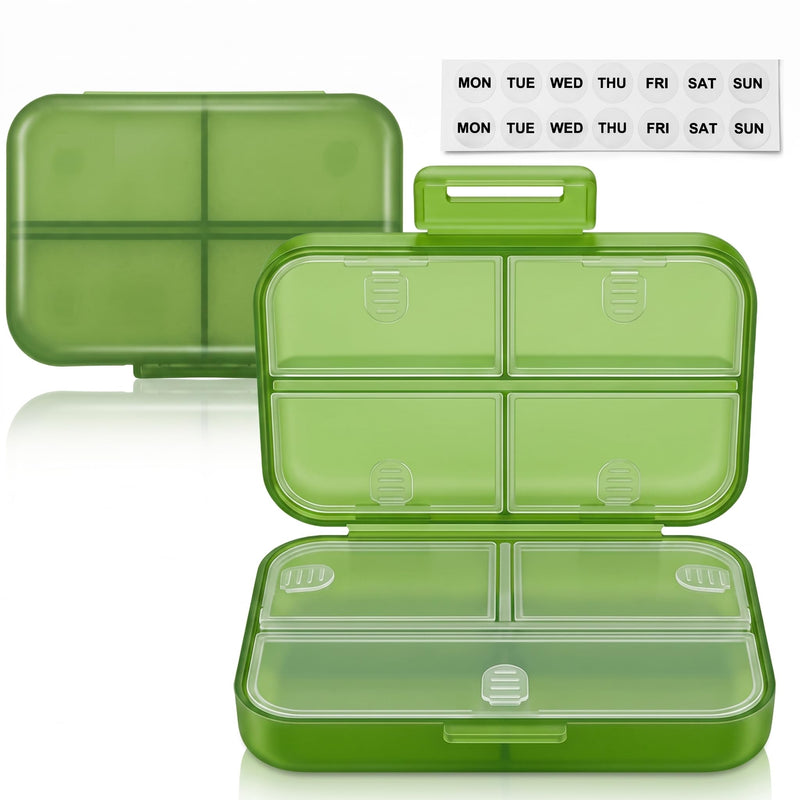 Travel Pill Organizer, Weekly Portable Medicine Case (Green) | with 7-day Stickers, Compact Size Fits Purse Pocket, for Vitamins and Medication Daily Green