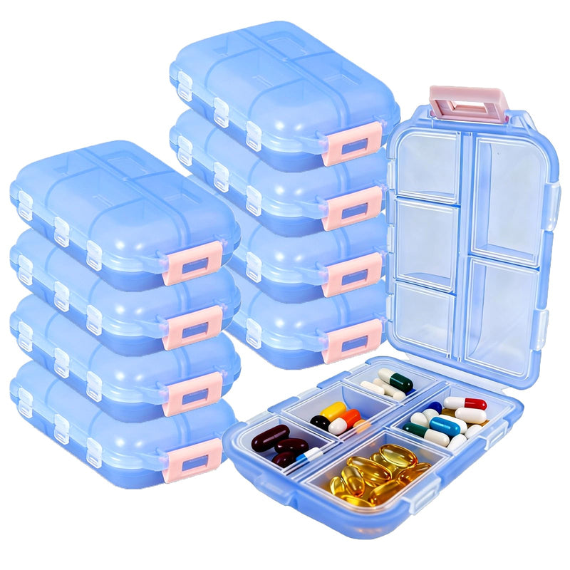 8Pack Travel Pill Organizer, 10 Compartments Portable Folding Pill Box for Daily Storage, Vitamins, Fish Oil, Supplements(Blue) Blue 8PC
