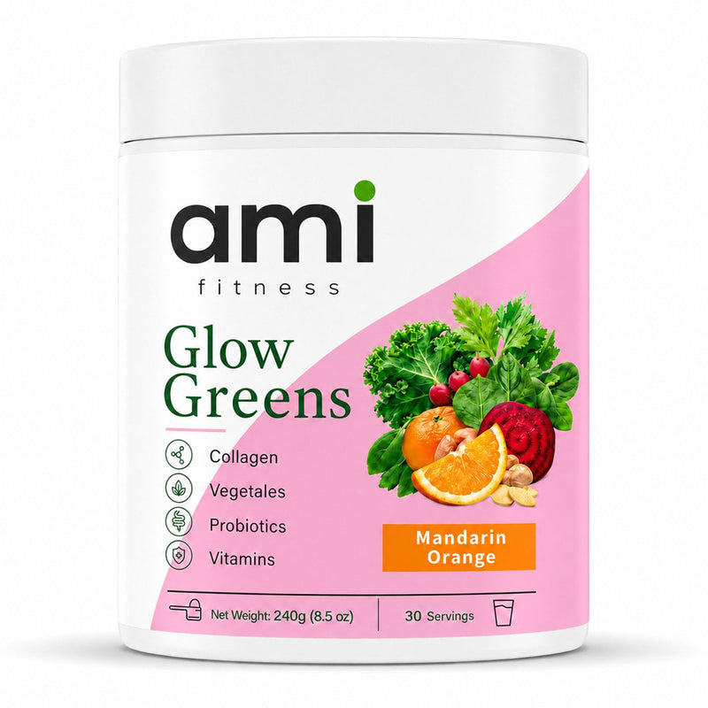 ami fitness Glow Greens, Collagen Greens Drink Mix with Probiotics, Digestive Enzymes, Vitamins and Superfood Greens, Mandarin Orange Flavor, 240 g, 30 Servings 1 Count (Pack of 1)