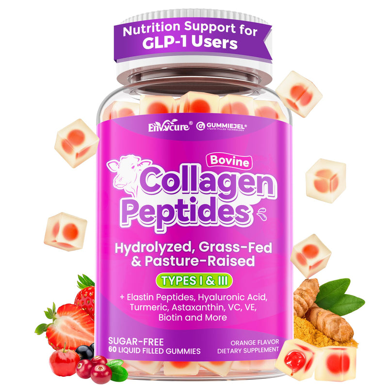 Collagen Gummies for Women Men, 4g / 2g Hydrolyzed Collagen Peptides Type I, III from Grass-Fed Bovine, + Elastin Peptides, Hyaluronic Acid, Biotin, Vitamin C for Skin, Hair, Nails, Sugar-Free, 1 Pack