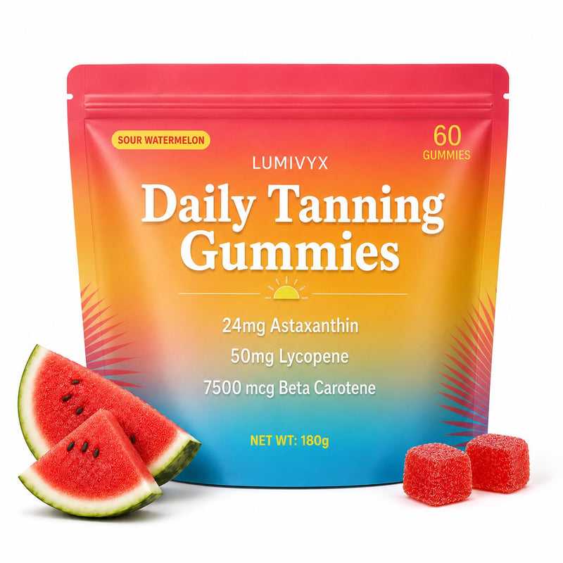 Lumivyx Tanning Gummies, Sun Tanning Gummies for Women and Men with Beta Carotene, Astaxanthin, Lycopene, Vitamin C, D3 and Zinc, Sour Watermelon Vegan Gummies, 60 Count