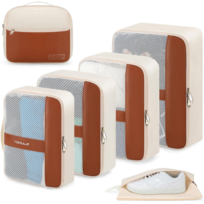 Structured PU Leather Mesh Packing Cubes with Metal Zippers, Breathable Travel Organizer Bags to Separate Dirty Shoes and Prevent Collapsing, Vacation Essentials, 6 Piece Set Fits 20-28 in Suitcases