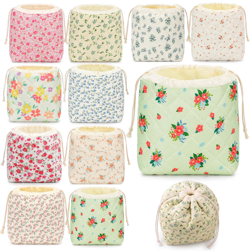 Kacctyen 10 Pcs Cotton Quilted Drawstring Makeup Bag Bulk, Floral Coquette Aesthetic Cosmetic Pouch Set with Canvas Lining, Boho Travel Toiletry Organizer, Bridesmaid Gifts for Women Girls