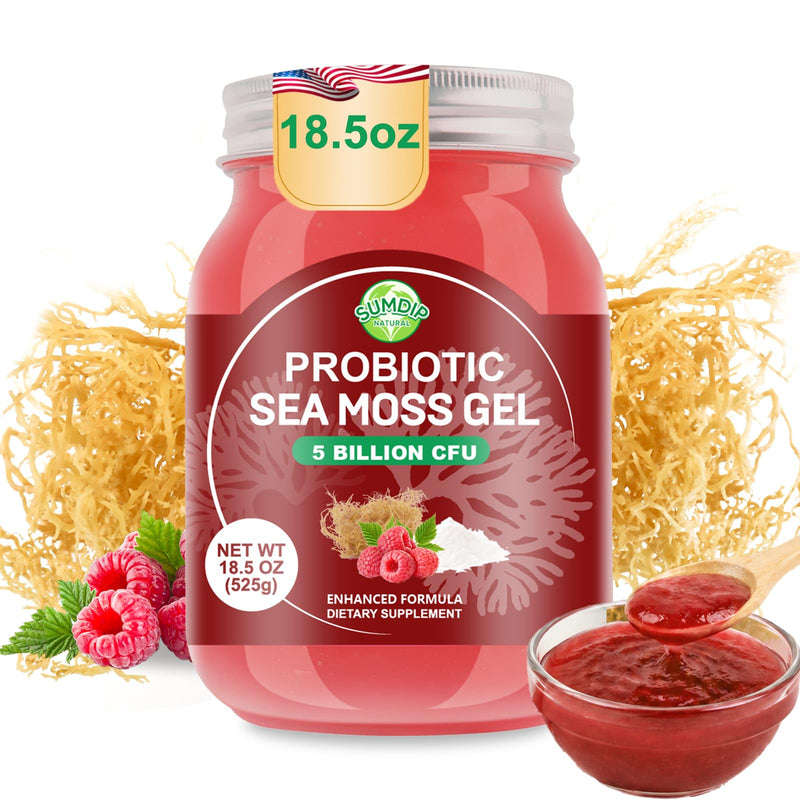 Sea Moss Gel with 5B CFU Probiotic for Digestive Support Raspberry 18.5oz | Irish Wildcrafted Seamoss Gel Raw Rich In Vitamins & Minerals Vegan Non-Gmo Gluten-Free 18.5 Fl Oz (Pack of 1)