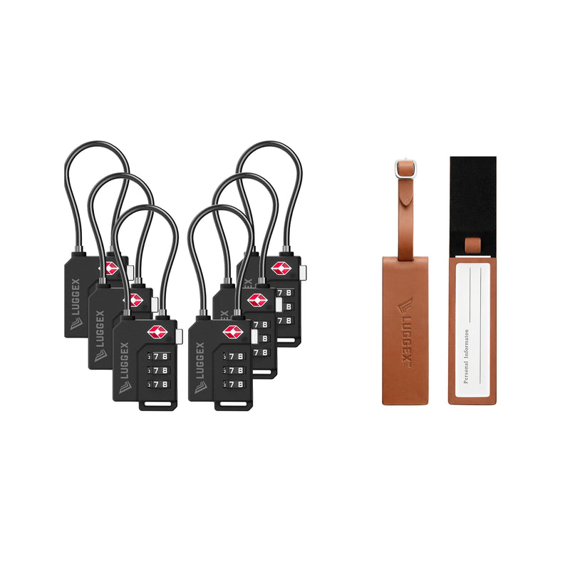 LUGGEX TSA Luggage Lock Bundle 6 Pack+Magnetic Leather Luggage Tag 1 Pack, Travel Essentials Kit (Black&Brown)