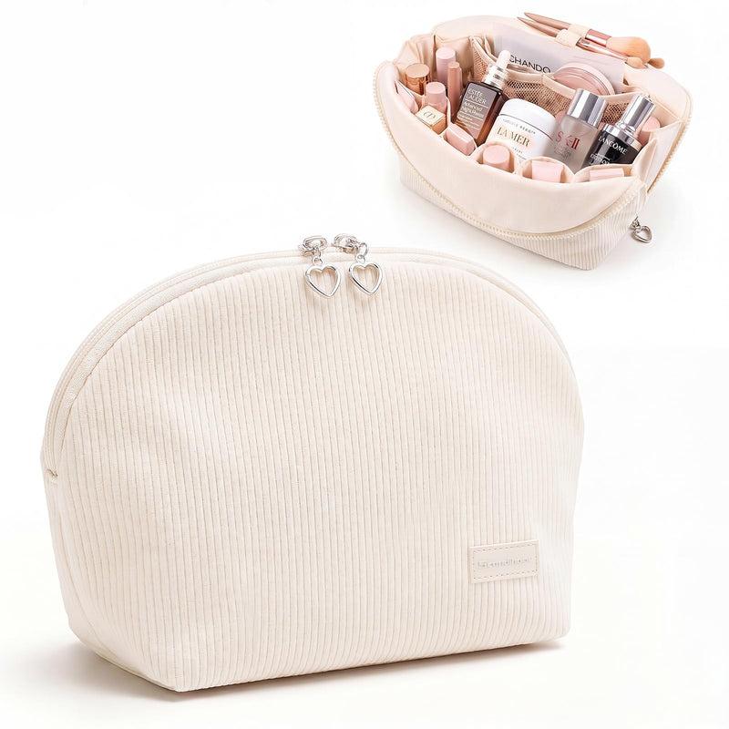 Makeup Bag Set for Women, 2 Pcs Corduroy Travel Cosmetic Organizer, Detachable Clear Pouch and Shell Shape Case, Waterproof Toiletry Storage for Beauty Essentials, Off-white