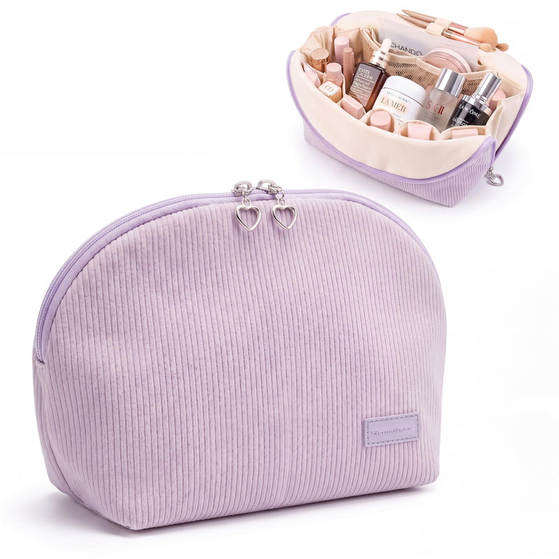 Makeup Bag Set for Women, 2 Pcs Corduroy Travel Cosmetic Organizer, Detachable Clear Pouch and Shell Shape Case, Waterproof Toiletry Storage for Beauty Essentials, Purple