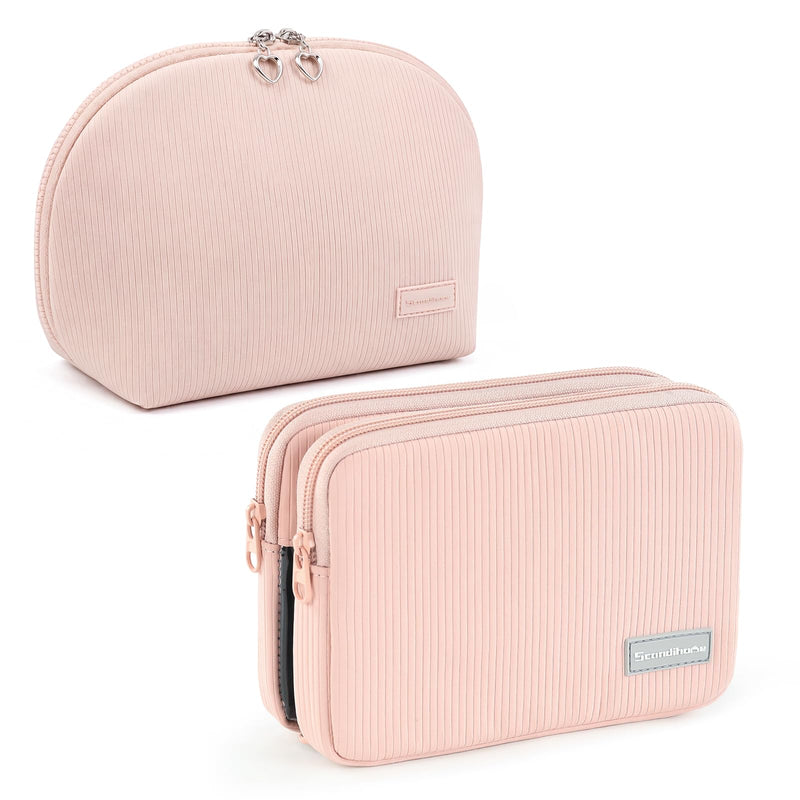 Makeup Bag Set for Women, 2 Pcs Corduroy Travel Cosmetic Organizer, Detachable Clear Pouch and Shell Shape Case, Waterproof Toiletry Storage for Beauty Essentials, Pink