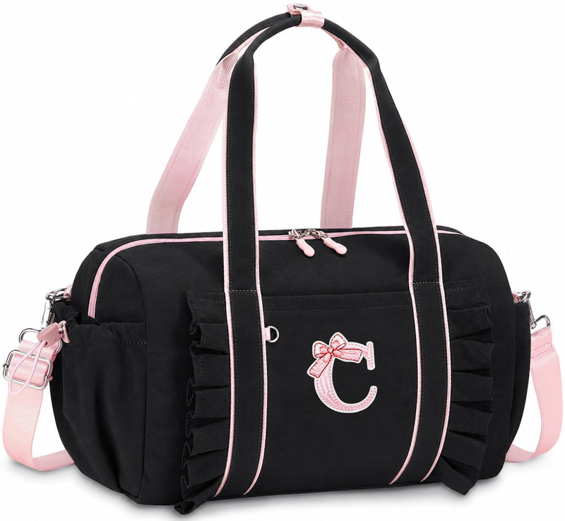 LEDAOU Dance Bag for Girls, Initial Ballet Duffle, Travel and Overnight Bag | 13-inch personalized dance duffle with 2 compartments, wet-dry pocket and adjustable strap for travel, overnights and gifts. Black Initial C