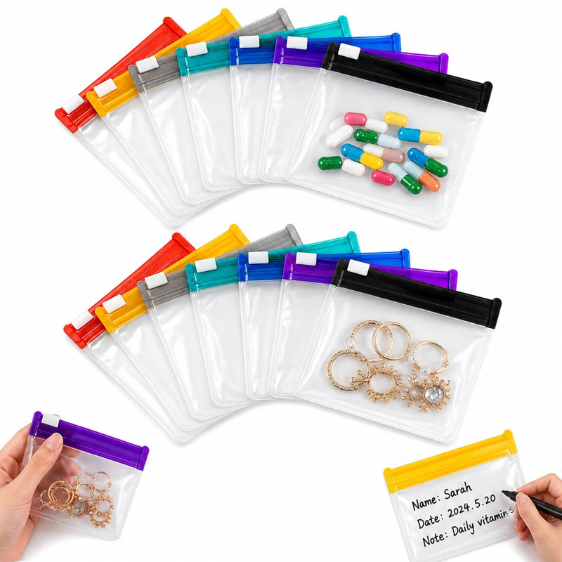 14 Packs Self Sealing Medicine Bags, Waterproof Travel Medicine Bag Set for Suitable for Repackaging and Storing Medicines, Vitamins and Supplements, Reusable Zipper Storage Bags for Daily Use