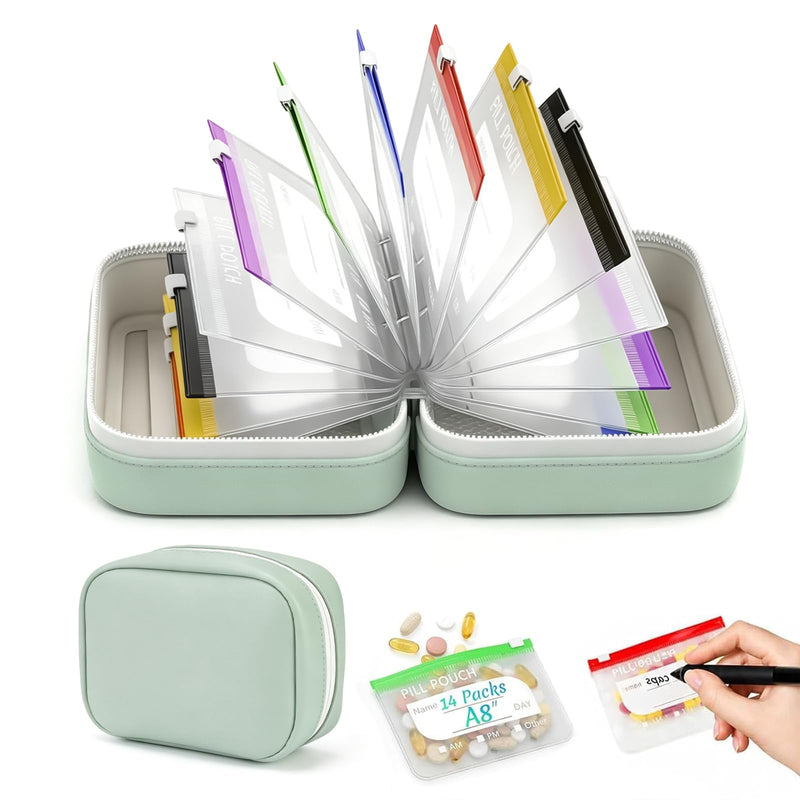 A8 Waterproof Pill Pouch Set-14pc Bags Inside,Pill Organizer Set for Travel | Waterproof Travel Pill Organizers,Leakproof Reusable Zippered Storage Case for Fish Oils, Vitamins