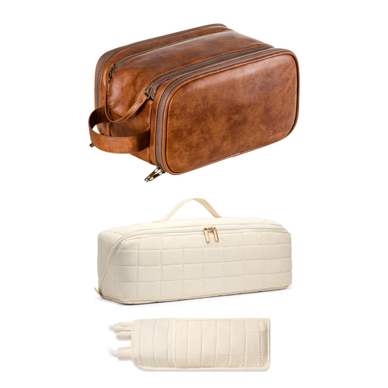 Elviros Travel Toiletry Bag for Men and Heat Resistant Hair Tool Travel Case Bundle, Large PU Leather Shaving Dopp Kit with Beige Mat Pouch Organizer for Straightener, Curling Iron, Flat Iron and Hair