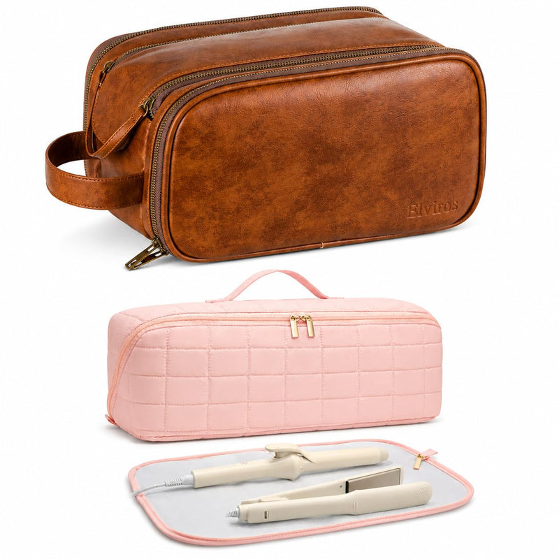 Elviros Toiletry Bag for Men and Heat Resistant Travel Case Bundle, Large PU Leather Shaving Dopp Kit and Pink Hair Tool Organizer Bag with Mat Pouch for Straightener, Curling Iron, Flat Iron and Hair