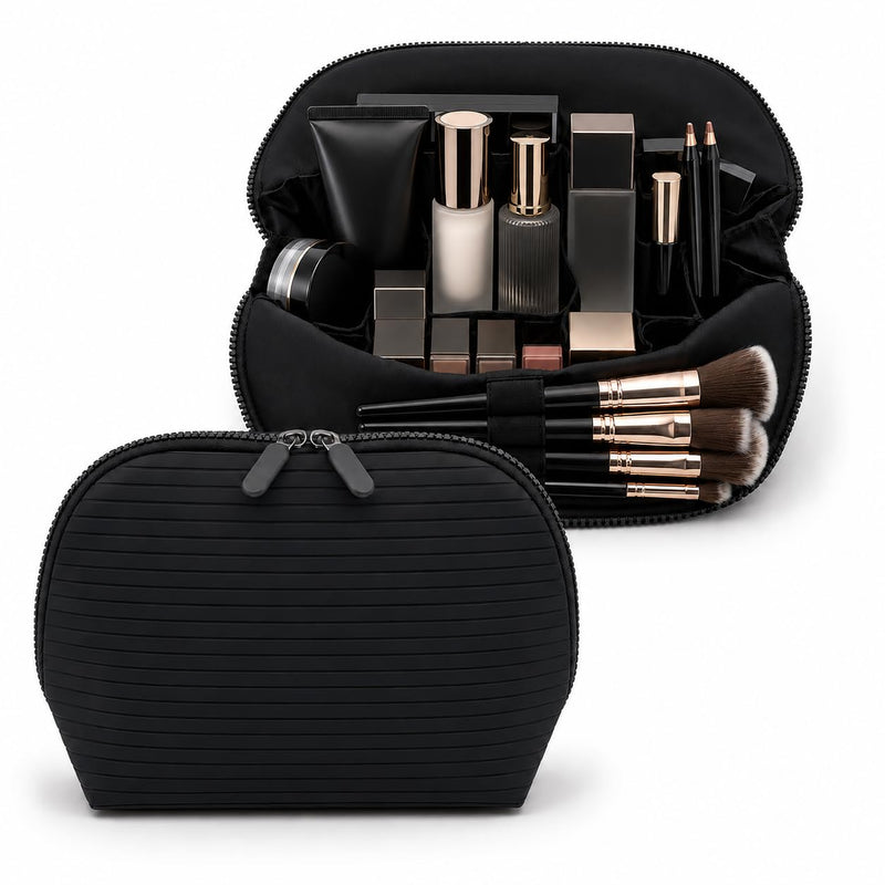 Standing Fold Down Parallel Travel Makeup Bag for Women, Cosmetic Organizer with Multi-Compartments, Stand Bag Organizes skincare, Makeup and Brushes (Premium Version, Black, Medium)