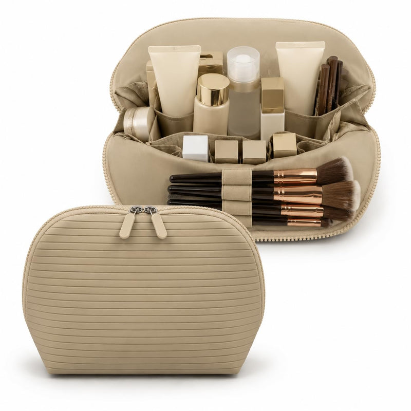 Standing Fold Down Parallel Travel Makeup Bag for Women, Cosmetic Organizer with Multi-Compartments, Stand Bag Organizes skincare, Makeup and Brushes (Premium Version, Bisque, Medium)