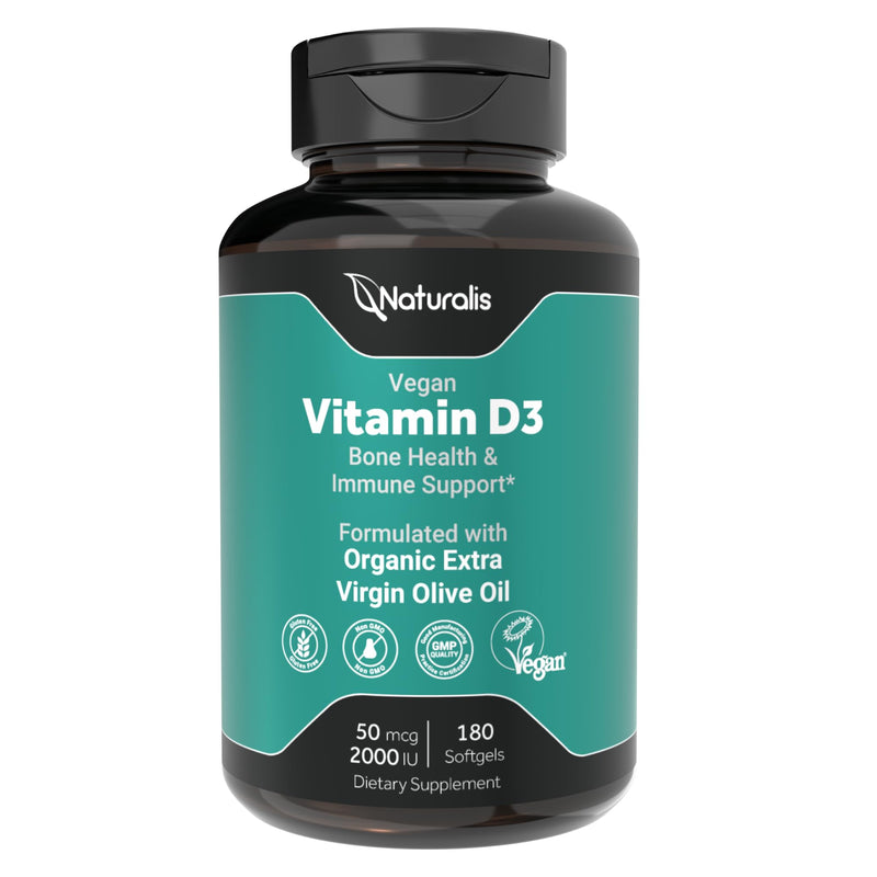 Naturalis Vegan D3 50mcg (2000IU) 180 Softgels | Bone & Immune Support* | VeGel® technology for enhanced nutrient delivery and absorption, featuring a plant-based, vegan-friendly, and clean formula.*